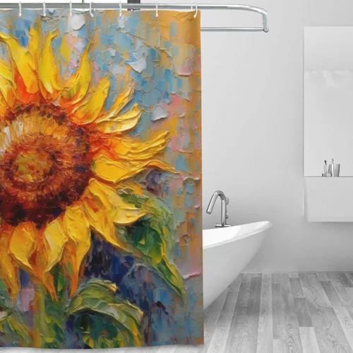 Miniatura 2 de YLATY2395 - Cortina de ducha de girasol para baño, pintura al óleo, hojas verdes, flores, bohemio, tela amarilla abstracta, moderna, impermeable