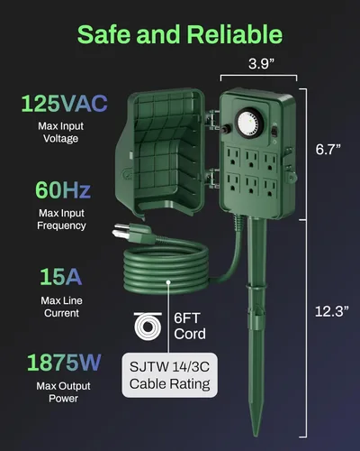 Miniatura 5 de BN-LINK Temporizador de estaca eléctrica para exteriores, impermeable, temporizador mecánico de 24 horas con 6 enchufes con conexión a tierra, cable
