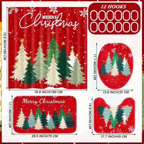 Miniatura 2 de Fanfanwin Juego de 4 piezas de baño de Feliz Navidad con cortina de ducha de árbol de Navidad de 71 x 71 pulgadas, alfombras antideslizantes