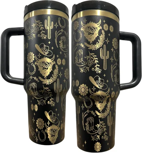 Miniatura 19 de Botella de agua de acero inoxidable de 40 oz taza Longhorn Bottle Bull Tumbler Cow Gift Western Water Bottle Cup (24oz Cream(90)-Longhorn (D35))