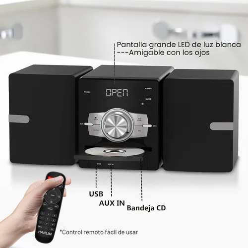 Miniatura 4 de Sistema de estéreo para el hogar con reproductor de CD, radio FM, Bluetooth, entrada AUX, entrada USB, conector para auriculares, control remoto