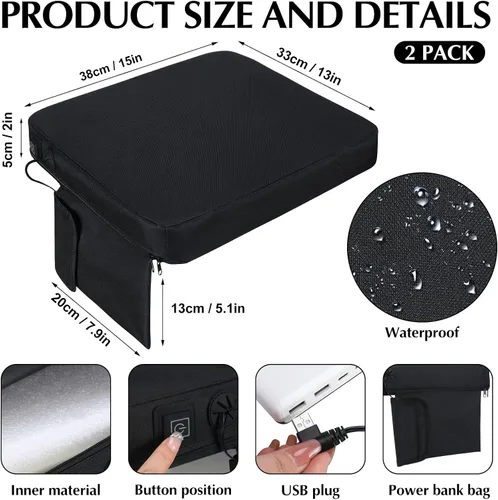 Miniatura 2 de Thyle 2 Piezas Cojín de Asiento Calefactado Portátil Sin Respaldo para Estadio, Almohadilla de Asiento Impermeable Sin Respaldo, Alimentación USB