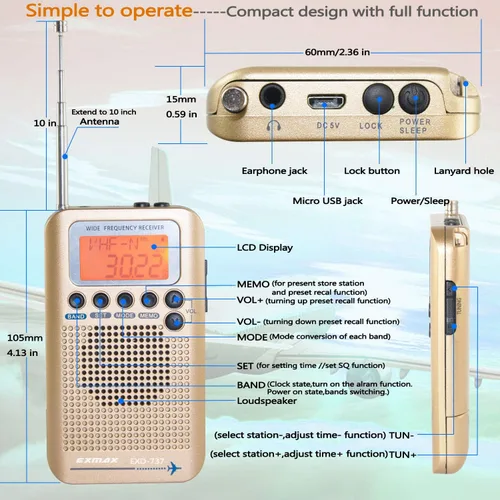 Miniatura 5 de EXMAX EXD-737 Receptor de radio de onda corta de frecuencia de banda completa Banda de aire portátil de mano para aviones Altavoz de alarma digital