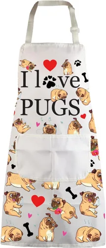 Delantales para perros de pug, regalos para amantes de los pug, delantal de cocina con bolsillos, delantal de cocina I Love Pugs, regalos