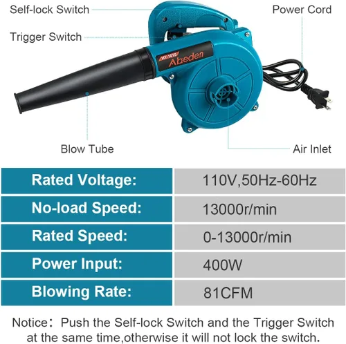 Miniatura 3 de Soplador de hojas eléctrico con cable, barredora/aspiradora pequeña ligera de mano 2 en 1, soplador portátil de 110V 400W para soplar Azul