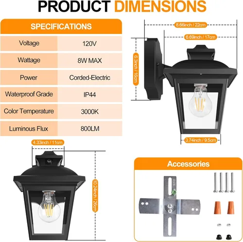 Miniatura 2 de FUDESY Farol de Pared Exterior de Anochecer a Amanecer, Luz de Porche con Sensor Exterior Montaje en Pared con Bombilla LED, Iluminación de Aplique