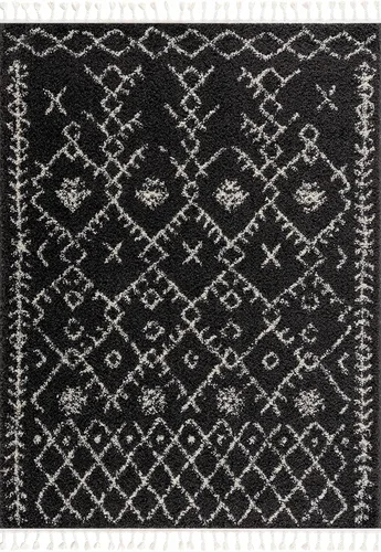 Miniatura 104 de Hauteloom, Duncans - Alfombra de estilo granja de pelo mullido para sala y dormitorio, con borlas - Beige, carbón, gris - 2 pies 7 pulgadas x 7 pies