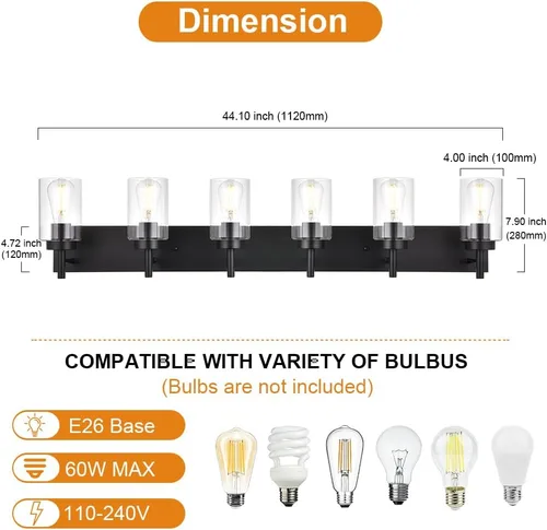 Miniatura 4 de Juego de luz de tocador de baño de 6 luces, lámpara de pared moderna negra con pantalla de vidrio transparente, apliques industriales, lámpara Negro