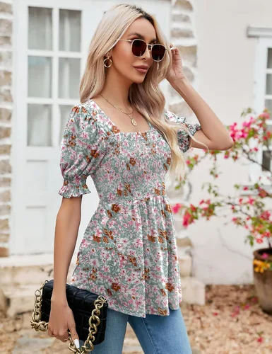 Miniatura 4 de LOMON Túnicas de mujer con cuello cuadrado, manga corta abombada, blusa peplum para mujer, camisetas 2025 primavera verano S-XL