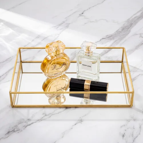 Miniatura 4 de Lyellfe Paquete de 2 bandejas de perfume, bandeja de tocador dorada, bandeja decorativa de espejo dorado, bandeja de perfume rectangular