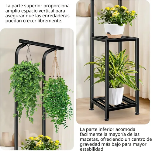 Miniatura 3 de Soporte para plantas para interiores y exteriores, soporte para plantas de 65 pulgadas de alto para exteriores, estante colgante de 3 niveles