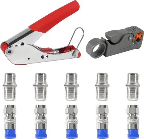 Kit de herramientas de crimpadora de cables coaxiales, herramienta de compresión coaxial, pelacables coaxiales con conector tipo F RG6 5 conectores
