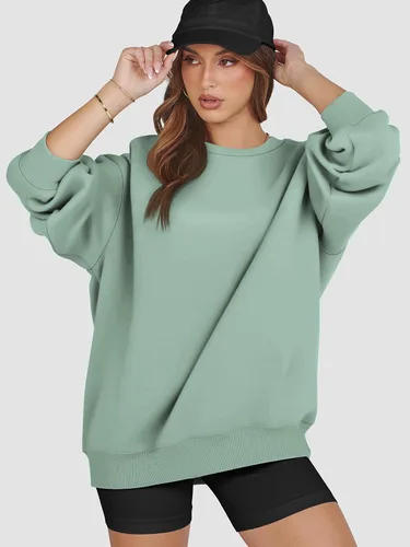Miniatura 6 de ATHMILE Sudadera de gran tamaño para mujer, cuello redondo, forro polar, manga larga, sudaderas con capucha, tops de otoño, ropa de moda 2025