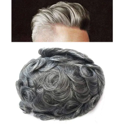 Miniatura 13 de Tupé de encaje suizo para hombres, piezas de cabello humano real, encaje frontal, sistema de reemplazo de cabello tipo tupé, nudo blanqueado, línea