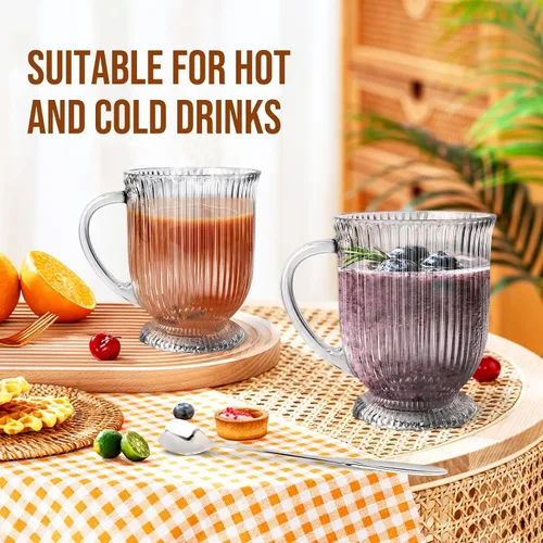 Miniatura 5 de Juego de 4 tazas de café de vidrio acanalado transparentes de 16 onzas, tazas grandes de espresso con cuchara, tazas de vidrio con asa, taza de café