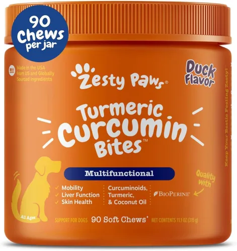 Zesty Paws Curcumina de cúrcuma para perros, para la movilidad de la cadera y las articulaciones, apoya la salud cardiovascular digestiva canina y