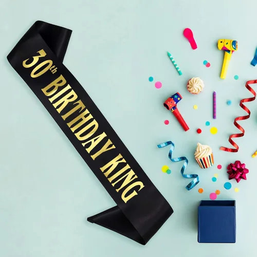 Miniatura 4 de Banda de 30 cumpleaños King, banda de satén negro dorado para hombres 30 fabulosa fiesta de cumpleaños, regalos de decoración