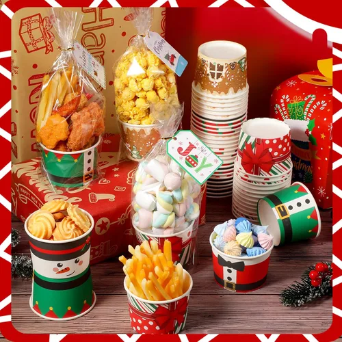 Miniatura 5 de Layhit Juego de cestas de regalo de Navidad, 50 tazas vacías para aperitivos de Navidad, 50 bolsas de celofán transparente, 50 etiquetas de regalo
