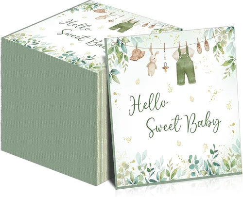 Miniatura 7 de Yeaqee 100 servilletas de baby shower de safari de la selva, servilletas de papel verde salvia, servilletas desechables de 3 capas de vegetación