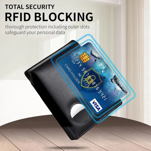 Miniatura 52 de Swallowmall AirTag Billetera para hombre con bloqueo RFID, de piel auténtica, plegable, para AirTag con 1 ventana de identificación, 13 tarjeteros