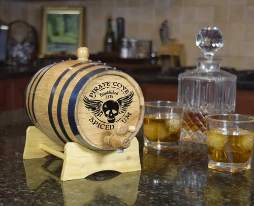 Miniatura 4 de Barril decorativo de ron de roble blanco de 2 litros con soporte de madera, moño y espita Solo para exhibición, decoración de barra de whisky