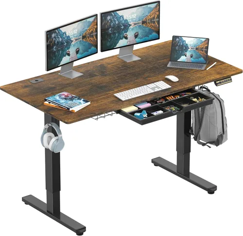 Miniatura 13 de SHW Escritorio eléctrico de pie ajustable de altura de 40 pulgadas con cajón, preajuste de memoria y bandeja de gestión de cables, color marrón
