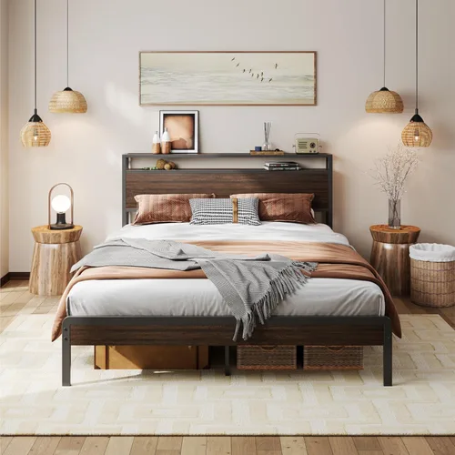 Miniatura 13 de LIKIMIO Marco de Cama King con Cabecero, Marco de Cama King de Madera Oscura con Soportes Fuertes, Resistente, Sin Ruido, No Necesita Somier, Nogal