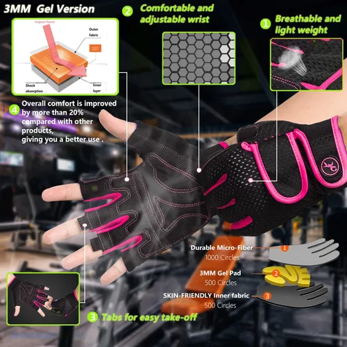 Miniatura 2 de Guantes de entrenamiento MOREOK con acolchado para levantamiento de pesas para hombres/mujeres, [Gel de 3MM] guantes sin dedos de agarre para Rosa