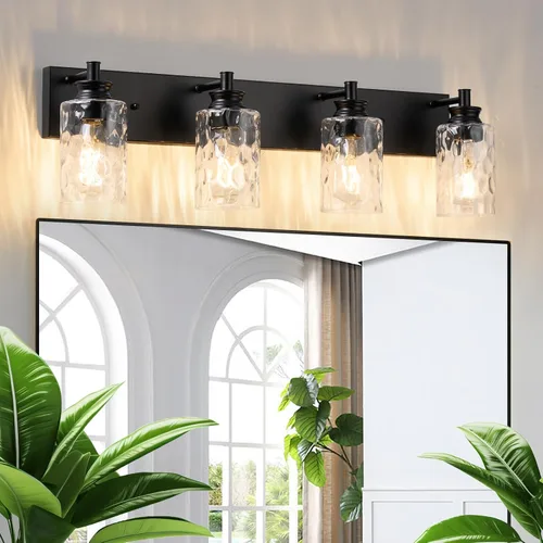 Miniatura 14 de Accesorios de lámpara de tocador de baño de 2 luces, moderna lámpara de baño dorada cepillada sobre espejo con pantalla de vidrio martillado