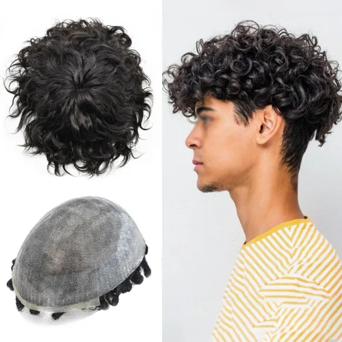 Miniatura 12 de Afro Toupee Para Hombres Negros Unidad De Cabello Humano Para Hombres Negros Pieza De Pelo PU Ingección Afro Mens Toupee 10MM #1B Off Negro