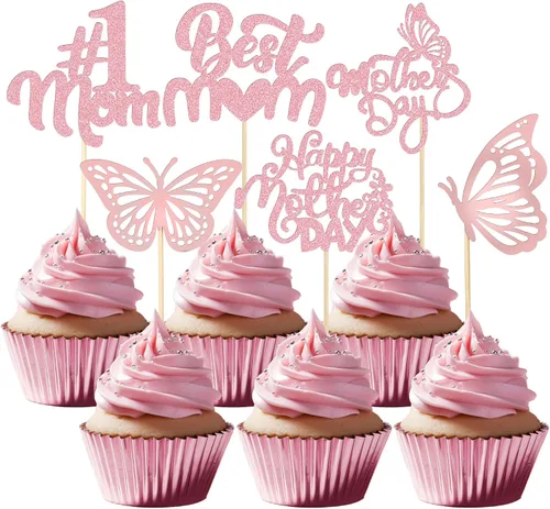 Miniatura 20 de Gyufise 1 paquete de decoración para pastel del día de la madre, la mejor mamá del mundo, con flores de mariposa, decoración de pastel de cumpleaños