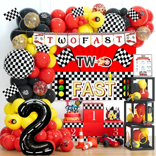 Decoraciones de Cumpleaños Two Fast – 131 Piezas de Suministros para Fiestas de Cumpleaños con Temática de Autos de Carreras con Fondo Two Fast,