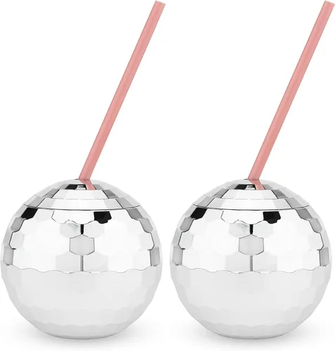Miniatura 7 de Blush Taza de bola de discoteca plateada con pajitas para fiestas, 16 onzas, lindo vaso de bebida de bola de cóctel con purpurina brillante