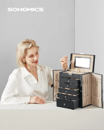 Miniatura 2 de SONGMICS Joyero de 6 niveles joyero con 5 cajones gran capacidad de almacenamiento con espejo bloqueable organizador de almacenamiento de joyas