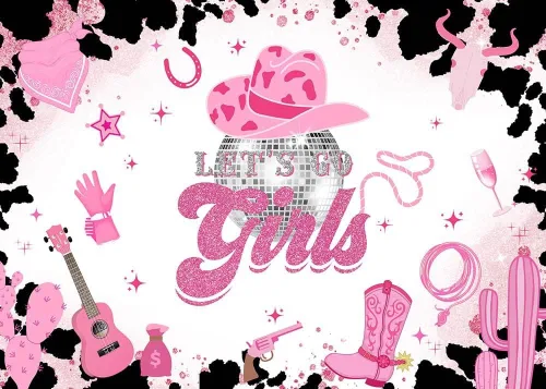 Mocsicka Telón de fondo de discoteca de vaquera con texto en inglés «Let's Go Girls» (rosa, 8 x 6 pies (96 x 72 pulgadas)