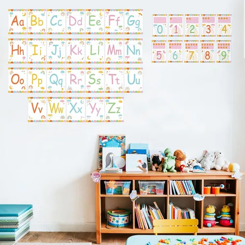 Miniatura 5 de Juego de 36 tablones de anuncios con números del alfabeto bohemio, tarjeta del alfabeto ABC y tarjeta de números del 0 al 9, decoración de pared