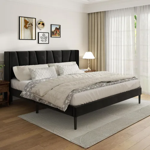 Miniatura 10 de Sismplly Base de cama tamaño Queen con cabecera, cama tamaño Queen tapizada en terciopelo con plataforma y respaldo, base de colchón con soporte
