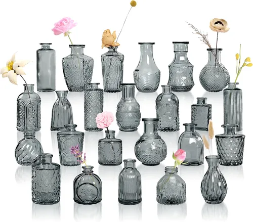 Miniatura 16 de Juego de 12 jarrones de vidrio ámbar, jarrones de capullo transparentes a granel, mini jarrones para flores, pequeños jarrones de flores