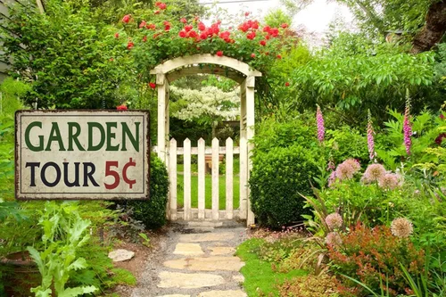 Miniatura 6 de Letrero de metal para jardinería al aire libre, Garden Tours 5 centavos, letrero de bienvenida retro de colibrí, letrero decorativo de flores