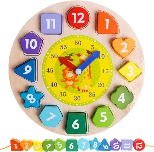 Reloj de clasificación de colores con forma de madera, bloques de números de tiempo de enseñanza, patrones de forma de reloj, clasificación y