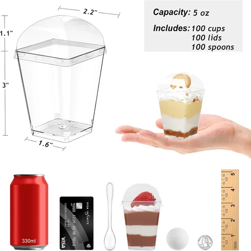 Miniatura 2 de Zezzxu Paquete de 100 Tazas de Postre de 5 oz con Tapas de Cúpula y Cucharas, Tazas de Pudín de Plástico con Tapas Mini Tazas de Parfait Shooter