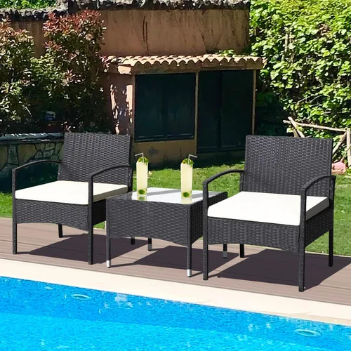 Miniatura 3 de Tangkula Juego de 3 piezas de mimbre para patio, juego de bistró de mimbre para exteriores con 2 sillas y 1 mesa auxiliar, mesa de vidrio templado