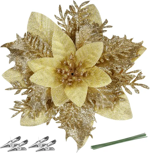 FurRain Flores Artificiales de Navidad de Poinsettia 5.5" Guirnalda de Árbol de Navidad 12 Piezas Flores con Brillantina Adornos para Navidad Nueva