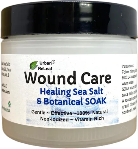 Urban ReLeaf Cuidado de heridas. Sal marina curativa y remojo botánico. Limpia, desinfecta y cura heridas de forma segura. Suave, eficaz, sin yodo,