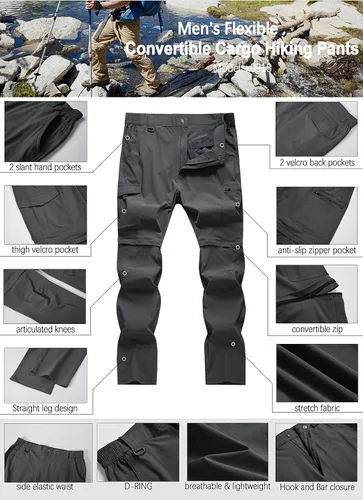 Miniatura 5 de Pantalones de senderismo para hombre, convertibles, con cremallera, ligeros, impermeables, de secado rápido, pesca al aire libre, viajes, safari
