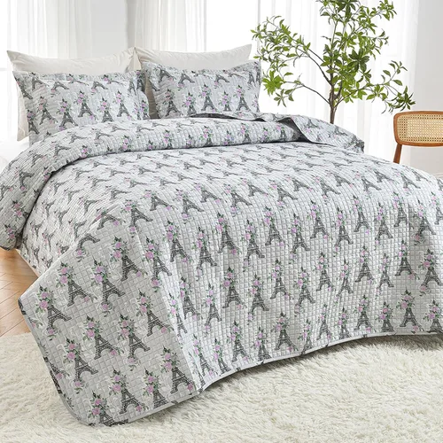 Miniatura 2 de HollyHOME Juego de edredón de 2 piezas tamaño Twin de la Torre Eiffel con diseño floral rosa sobre gris, cubrecama, incluye 1 edredón, 1 funda