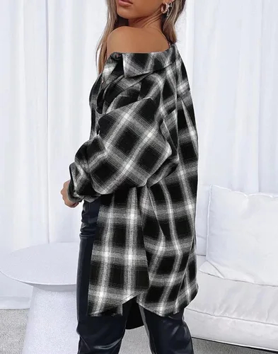 Miniatura 3 de Lacozy Blusa de lana cuadriculada, para mujer, con cuello, manga larga y botones
