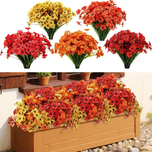 Lyrow 100 paquetes de flores artificiales violetas, flores de seda sintética resistentes a los rayos UV al aire libre, violeta falso a granel para