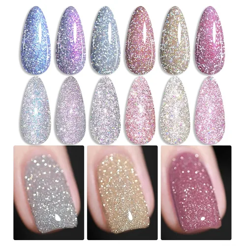 Miniatura 11 de Born Pretty Esmalte de uñas de gel con purpurina reflectante, 6 colores de primavera y verano, esmalte de gel holográfico de larga duración, juego