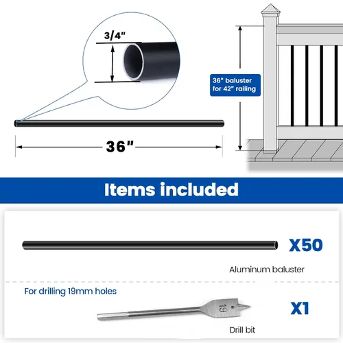 Miniatura 2 de Muzata Paquete de 50 balaustres de cubierta de aluminio de 36 pulgadas redondos, barandillas de cubierta negra, para escaleras, porche, escaleras